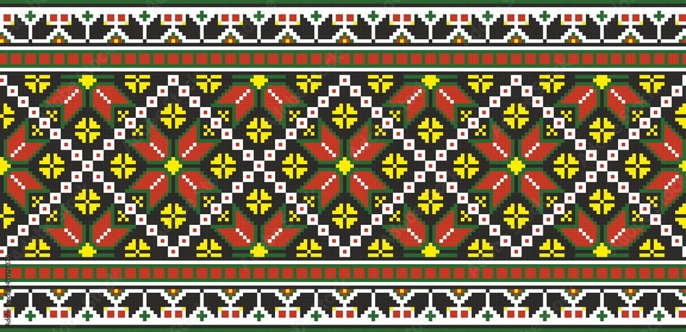 Vector colored seamless Ukrainian national ornament, embroidery. Endless ethnic floral border, Slavic peoples frame. Red cross stitch.