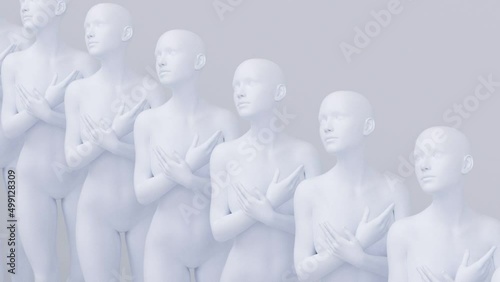 Human naked young elegant posing figure, studio 3d render modern illustration, abstract art motion design animation, fashion mannequin posture portrait, white woman with crossed arms on breast, chest photo