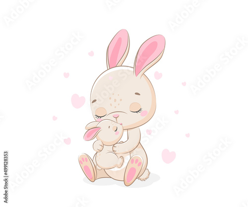 Mother and baby, bunny illustration. Cartoon rabbit. Vector illustration. © Arina