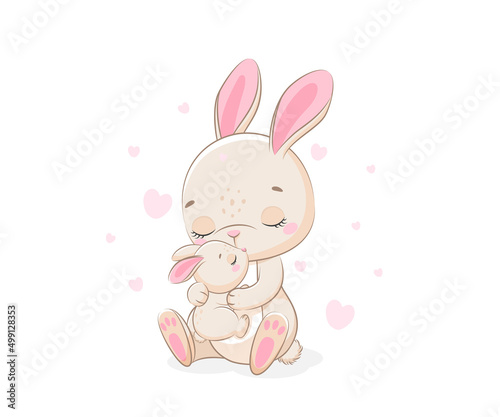 Mother and baby, bunny illustration. Cartoon rabbit. Vector illustration.
