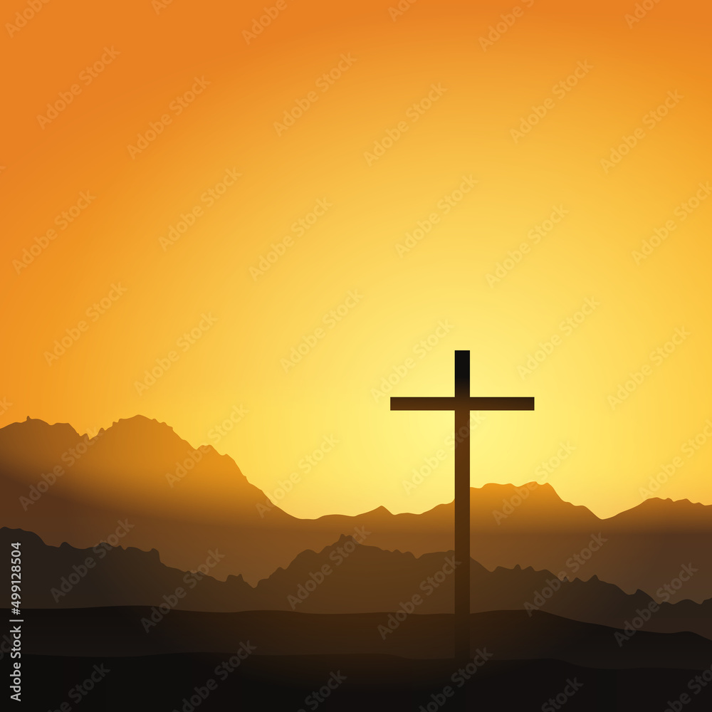 Christian cross on hill outdoors at sunrise. Resurrection of Jesus. Concept vector illustration. Orange background.