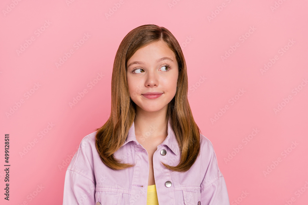 Photo of young pretty lady think wonder look empty space smart plan isolated over pink color background Photo of young pretty lady think wonder look empty space smart plan isolated over pink color background