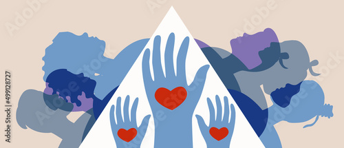 Abstract volunteer hands as symbol of volunteering, flat vector stock illustration with community of people for care