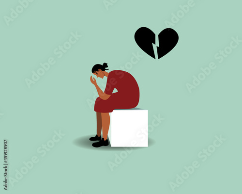 Single woman, mood sadness, printing, despair, loneliness, flat vector stock illustration with seated person and broken heart