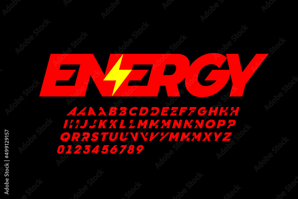 Lightning bolt symbol style font design, alphabet letters and numbers, vector illustration