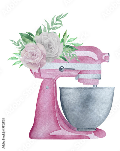 Watercolor pink pastry planetary mixer with flowers and greenery. Bakery illustration for invitation, pastry, menu, logos