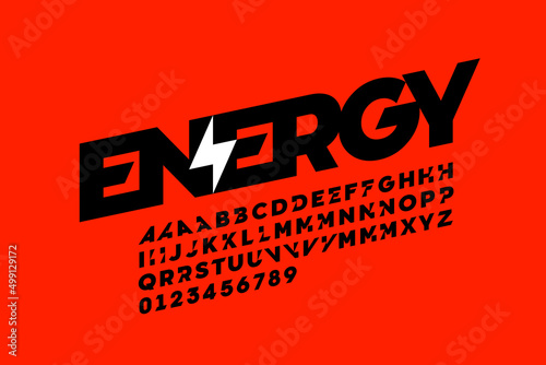 Lightning bolt symbol style font design, alphabet letters and numbers, vector illustration