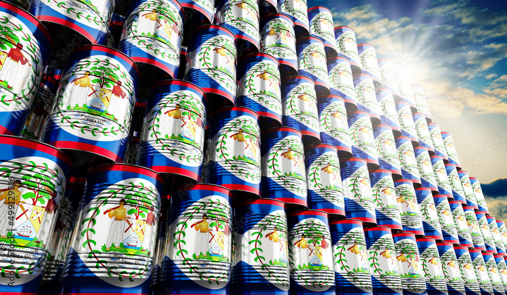 Oil barrels with flag of Belize - 3D illustration