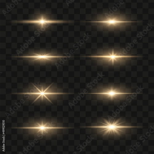 Set of bright gold flashes  lights and sparks on a transparent background. Abstract flash with glowing line  sunrise  shining golden stars. Ray shining border. Vector illustration