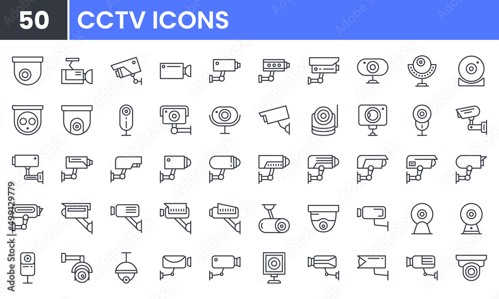 Surveillance Camera vector line icon set. Contains linear outline icons like CCTV, Security Smart Cam, Videocamera, Home Safety Control Protection Equipment. Editable use and stroke for web.