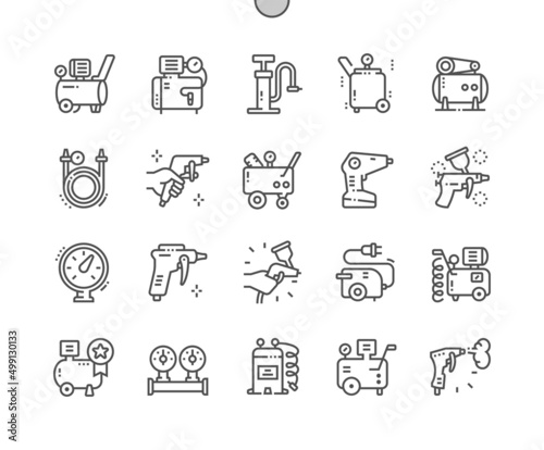 Air compressor. Manometer. Air spray gun. Rotary compressor equipment. Pixel Perfect Vector Thin Line Icons. Simple Minimal Pictogram