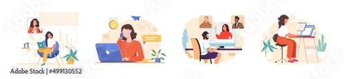 Support services. People with computers during online business communication at remote work. Set of man and woman with laptops at virtual video conference calls. Flat vector isolated illustrations.