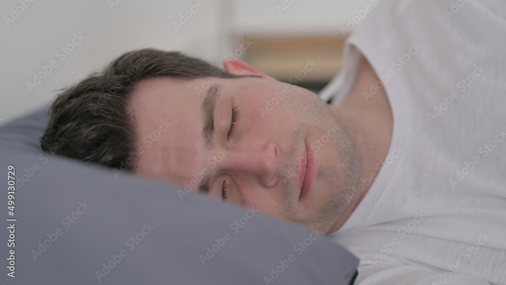 Man Sleeping in Bed Peacefully, Close up Man Sleeping in Bed Peacefully, Close up