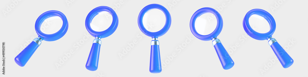 3d blue magnifying glass icon set isolated on gray background. Render minimal transparent loupe search icon for finding, reading, research, analysis information. 3d cartoon realistic vector