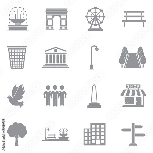 Town Square Icons. Gray Flat Design. Vector Illustration.