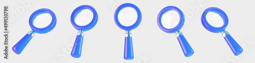 3d blue magnifying glass icon set isolated on gray background. Render minimal transparent loupe search icon for finding, reading, research, analysis information. 3d cartoon realistic vector