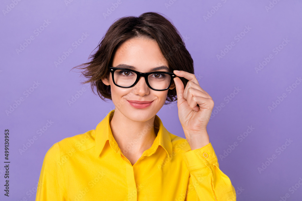 Photo of cute millennial lady hand eyewear wear formal cloth isolated on purple color background
