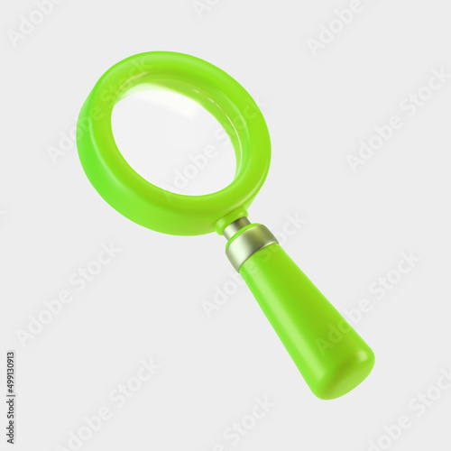 3d green magnifying glass icon isolated on gray background. Render minimal transparent loupe search icon for finding, reading, research, analysis information. 3d cartoon realistic vector