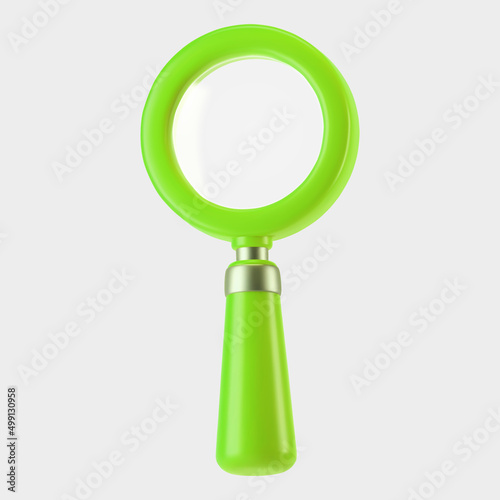 3d green magnifying glass icon isolated on gray background. Render minimal transparent loupe search icon for finding, reading, research, analysis information. 3d cartoon realistic vector