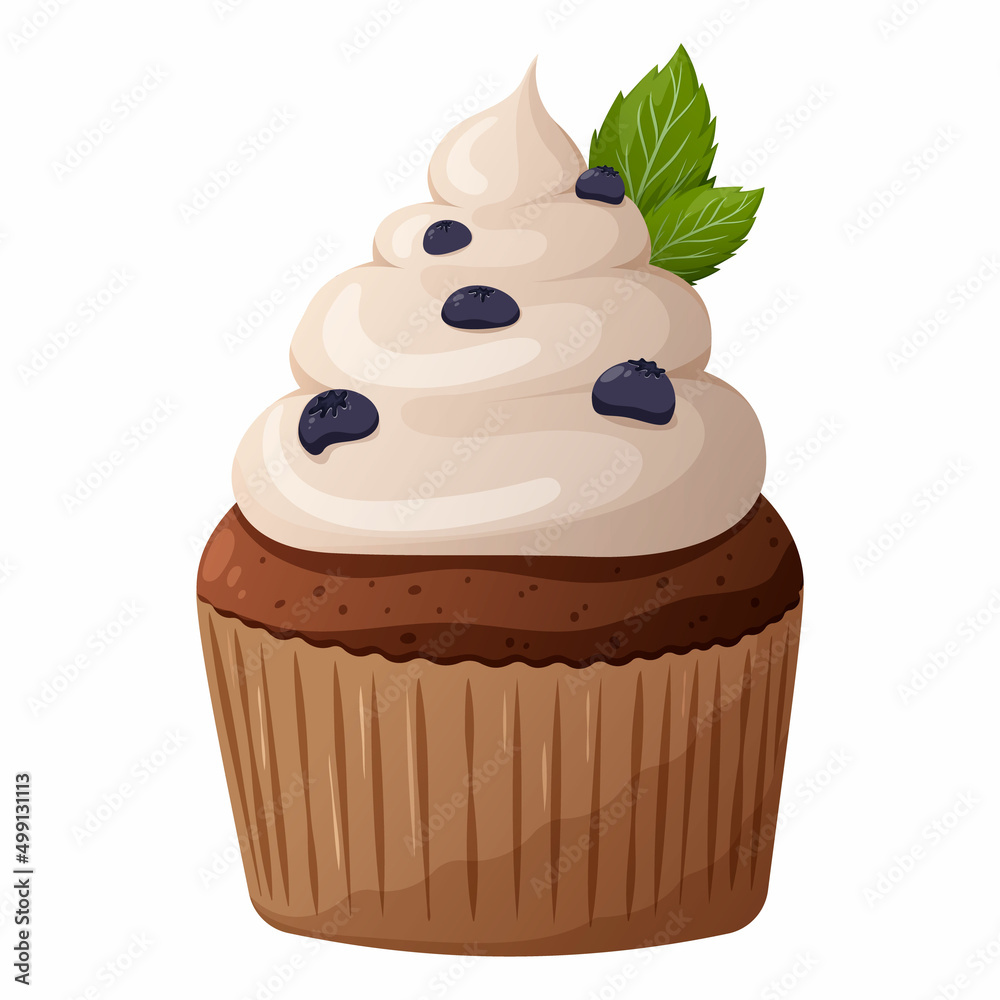 Cupcake with whipped cream, blueberries, mint leaves. Vector image of a cake on a transparent background. Elements of confectionery, baking, bakery, sweets for poster, banner, advertising, stickers Cupcake with whipped cream, blueberries, mint leaves. Vector image of a cake on a transparent background. Elements of confectionery, baking, bakery, sweets for poster, banner, advertising, stickers