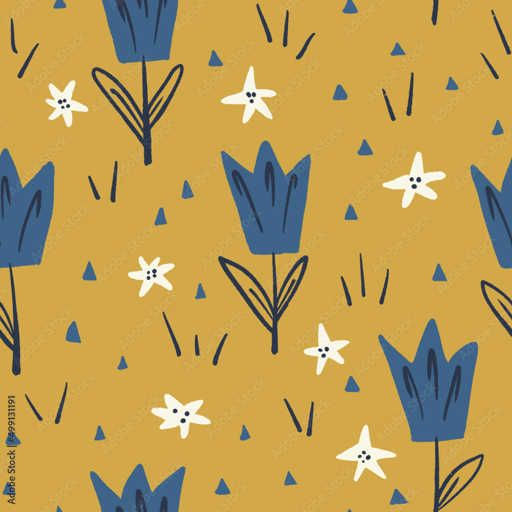 Blue tulip vector seamless pattern on yellow background for kids - for fabric, wrapping, textile, wallpaper, background.