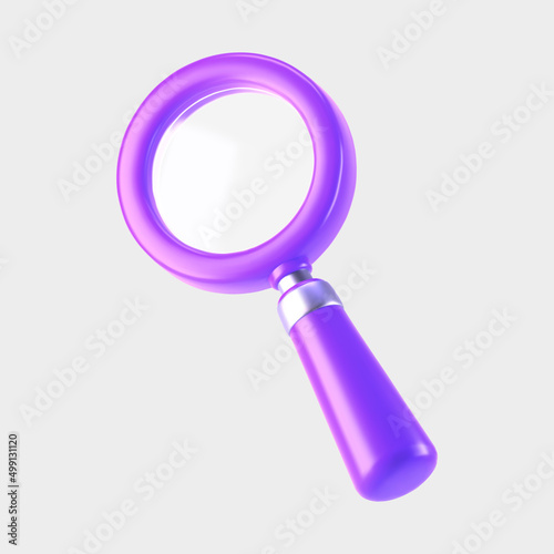 3d purple magnifying glass icon isolated on gray background. Render minimal transparent loupe search icon for finding, reading, research, analysis information. 3d cartoon realistic vector