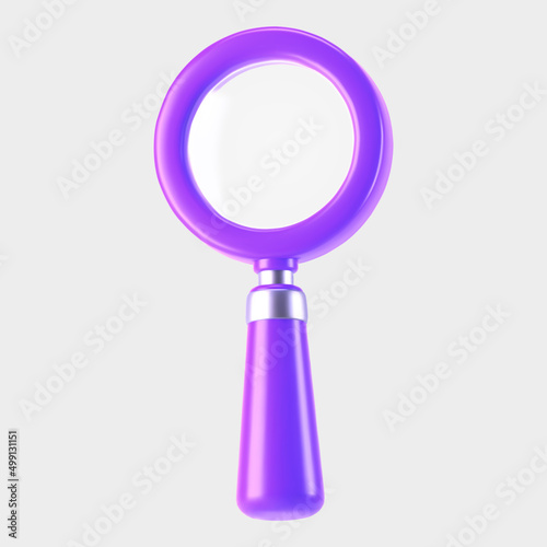 3d purple magnifying glass icon isolated on gray background. Render minimal transparent loupe search icon for finding, reading, research, analysis information. 3d cartoon realistic vector