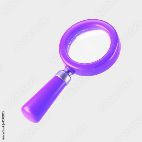 3d purple magnifying glass icon isolated on gray background. Render minimal transparent loupe search icon for finding, reading, research, analysis information. 3d cartoon realistic vector
