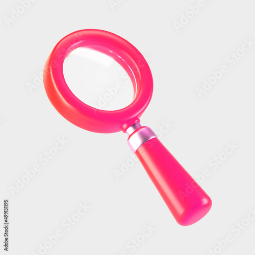 3d pink magnifying glass icon isolated on gray background. Render minimal transparent loupe search icon for finding, reading, research, analysis information. 3d cartoon realistic vector