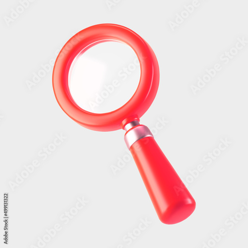 3d red magnifying glass icon isolated on gray background. Render minimal transparent loupe search icon for finding, reading, research, analysis information. 3d cartoon realistic vector