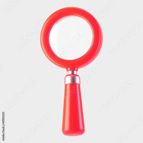 3d red magnifying glass icon isolated on gray background. Render minimal transparent loupe search icon for finding, reading, research, analysis information. 3d cartoon realistic vector