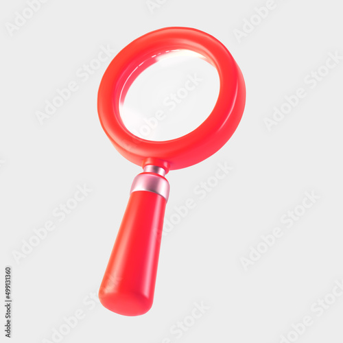 3d red magnifying glass icon isolated on gray background. Render minimal transparent loupe search icon for finding, reading, research, analysis information. 3d cartoon realistic vector