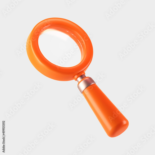 3d orange magnifying glass icon isolated on gray background. Render minimal transparent loupe search icon for finding, reading, research, analysis information. 3d cartoon realistic vector