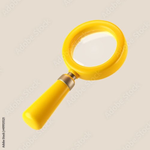 3d yellow magnifying glass icon isolated on gray background. Render minimal transparent loupe search icon for finding, reading, research, analysis information. 3d cartoon realistic vector