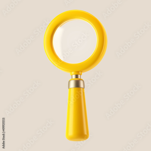 3d yellow magnifying glass icon isolated on gray background. Render minimal transparent loupe search icon for finding, reading, research, analysis information. 3d cartoon realistic vector
