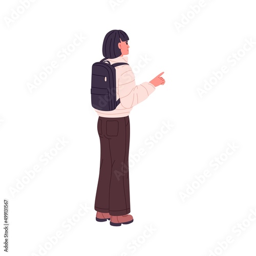 Woman tourist with backpack, pointing at smth with index finger. Backpacker traveler showing something with forefinger. Person in travel outfit. Flat vector illustration isolated on white background