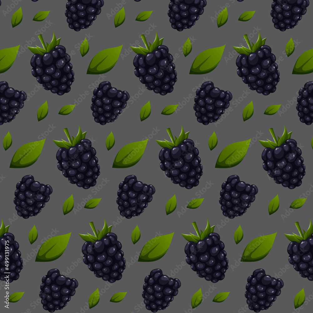 Blackberries with leaves seamless pattern with dark background. Vector image of berries. Illustration for packaging, wrapping paper, textile.