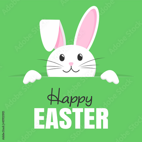 Happy Easter. Vector card with cute smiling rabbit. The rabbit peeks out. Easter Bunny on a green background. Greeting card concept. Christian holiday