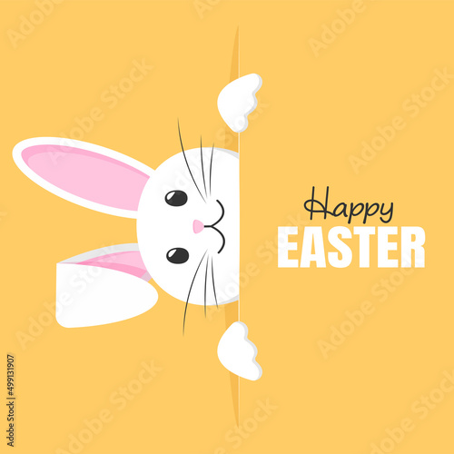 Happy Easter. Vector card with cute smiling rabbit. The rabbit peeks out from the left side. Easter Bunny on a yellow background. Greeting card concept. Christ is risen.
