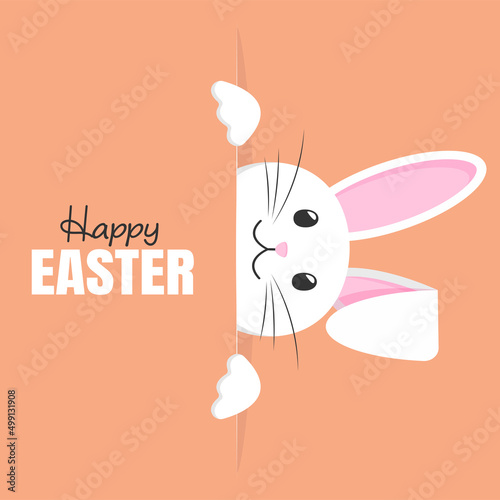 Happy Easter. Vector card with cute smiling rabbit. The rabbit peeks out from the right side. Easter Bunny on an orange background. Greeting card concept.
