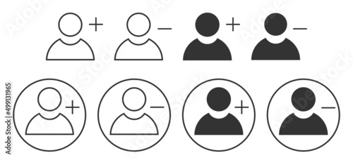 Add, delete user icon. New and remove account symbol. Sign app button vector.