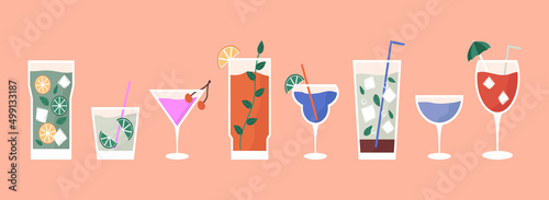 Set of cocktails,  alcoholic and non-alcoholic, soft  summer drinks with lemon, orange, lime and mint ice cubes. Classical drinks in different types of glasses. Hand drawn flat vector illustration.
