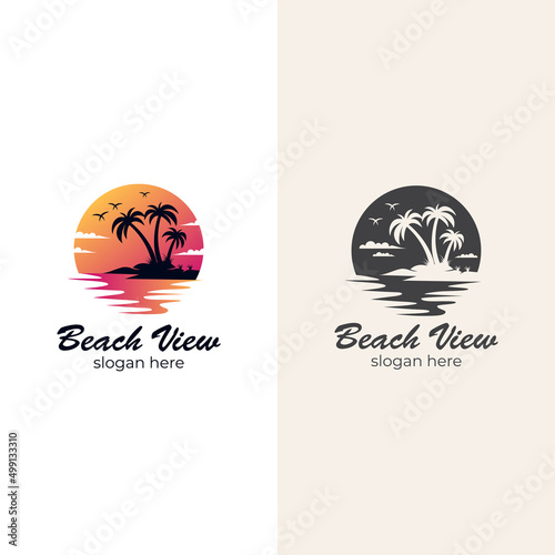 ocean surf vector element logo design for summer beach with sunset, vacation logo illustration