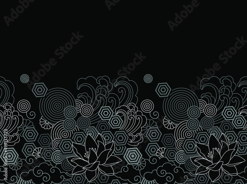 Lotus. Floral Black and White Geometric Seamless Pattern. Floral border