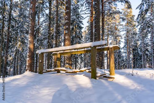 Photo of Outdoor Playground Elements in Forest in Sunny Winter, Abstract Background