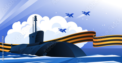Strategic nuclear missile submarine greeting card. May 9 Victory Day. Vector illustration