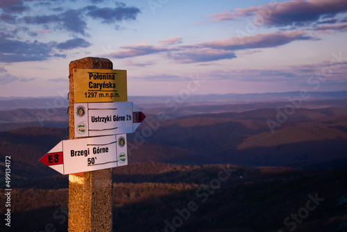 signpost on the trail. bieszczady mountains in Poland Polish landscape, mountain landscape photo