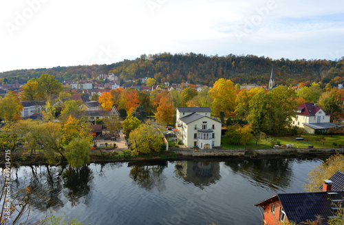 Bad Kosen, Germany panorama view town with Saale river and beautiful trees hills in autumn