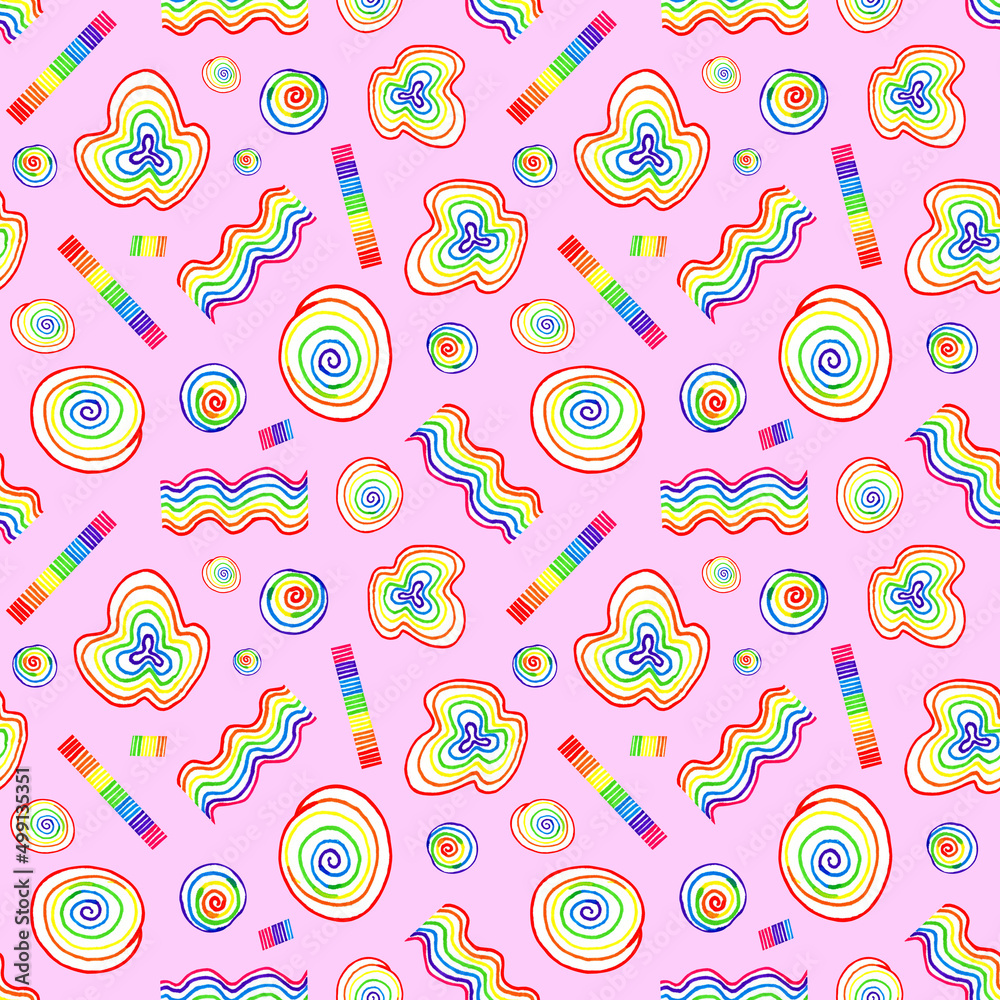 Rainbow seamless pattern watercolor. Colored spots, splashes, blots, shapes. Hand marker on pink background. Decor for packaging and fabric design.