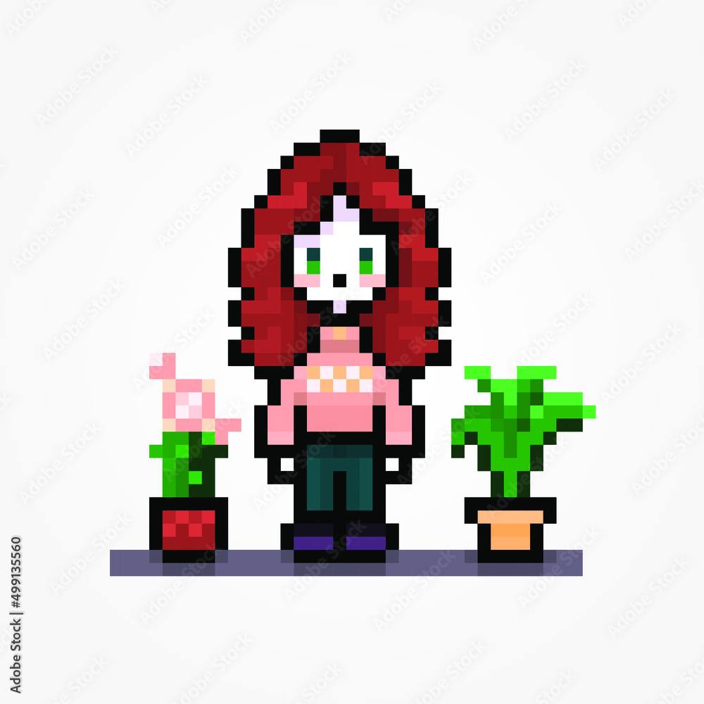 Obraz premium Cute pixel girl standing with plants, curly hair